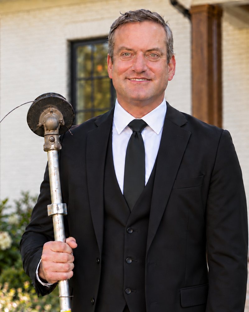 Ben McClelland, founder of Greensward Group, holding a string trimmer outside a Charlotte home